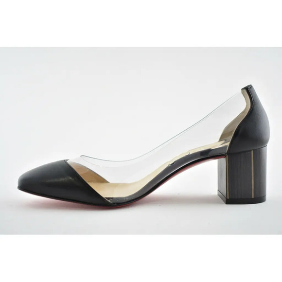 Christian Louboutin Grandola 55 Black Leather PVC Block Heel Sandal Pump 37.5 - Picture 9 of 12